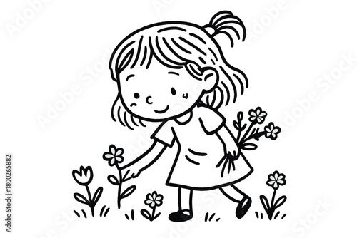 handdrawn cute doodle style girl collecting wildflowers vector line illustration