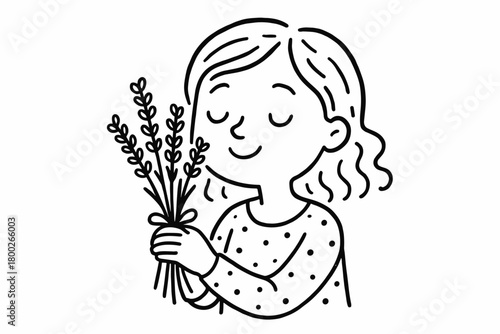 handdrawn cute doodle style woman smelling bouquet of lavender vector line illustration
