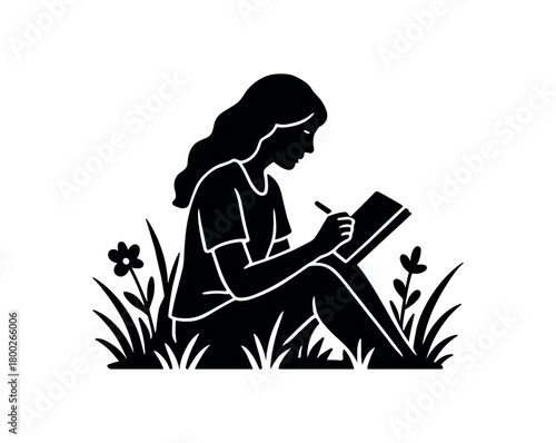 woman sitting meadow with notebook flat black solid vector illustration isolated on white background