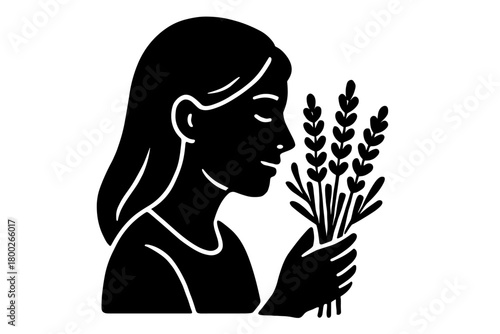 woman smelling bouquet of lavender flat black solid vector illustration isolated on white background