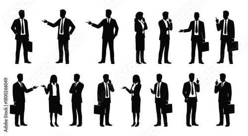 Collection of black business people silhouettes in various poses and actions woman