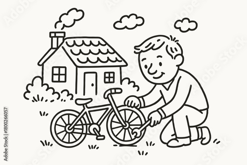 handdrawn cute doodle style fixing bicycle by cottage vector line illustration