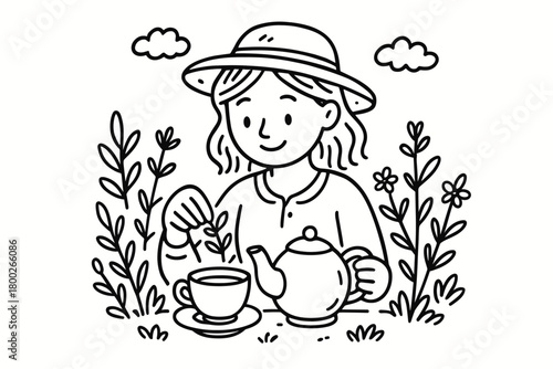 handdrawn cute doodle style woman making herb tea garden vector line illustration
