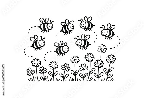 handdrawn cute doodle style bee swarm above clover field vector line illustration