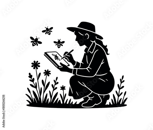 woman sketching bees field flat black solid vector illustration isolated on white background
