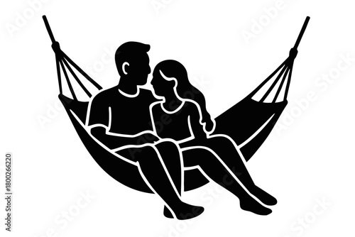 couple relaxing hammock flat black solid vector illustration isolated on white background