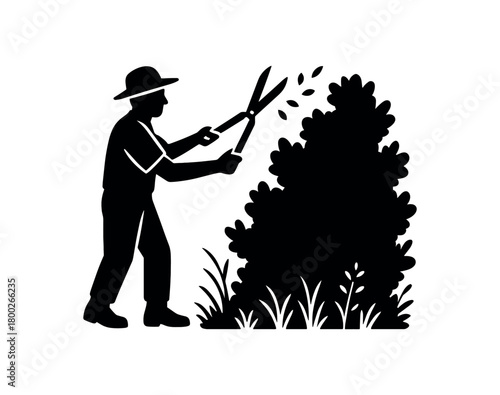 gardener trimming wild hedge flat black solid vector illustration isolated on white background