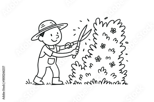 handdrawn cute doodle style gardener trimming wild hedge vector line illustration