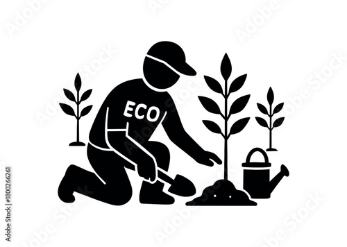 eco volunteer planting trees flat black solid vector illustration isolated on white background
