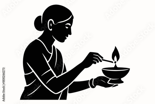 woman lighting oil lamp flat black solid vector illustration isolated on white background