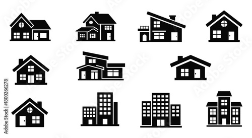 Collection of black house and building icons on white background house icon home icon