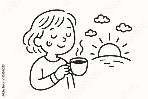 handdrawn cute doodle style person drinking coffee with sunrise view vector line illustration