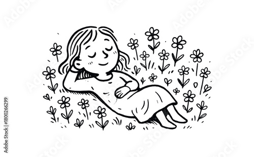 handdrawn cute doodle style woman resting flower field vector line illustration