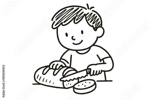 handdrawn cute doodle style person cutting bread loaf vector line illustration