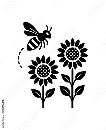 wild bee flying over sunflowers flat black solid vector illustration isolated on white background