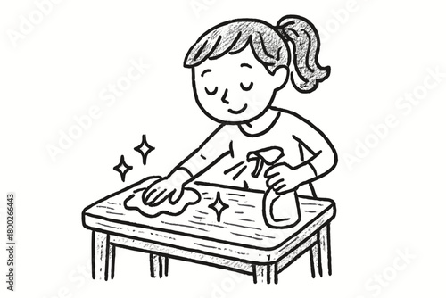 handdrawn cute doodle style woman polishing wooden table vector line illustration