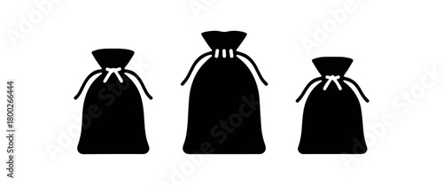 Flat vector illustration three cloth produce bags black and white solid black icon style simple drawstrings 3x1 grid equal spacing isolated on white