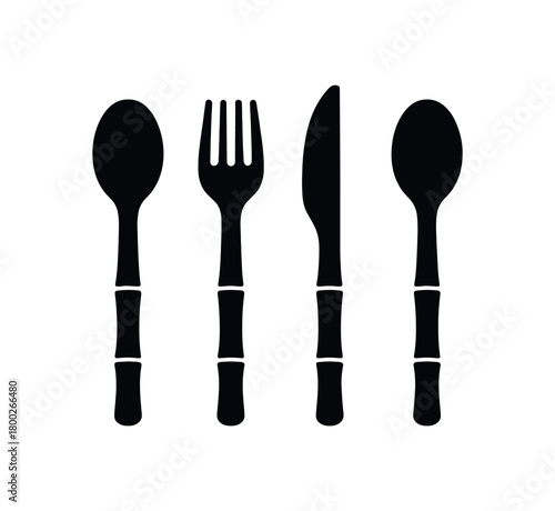 Flat vector illustration four bamboo cutlery pieces black and white solid black icon style clean silhouettes 4x1 grid equal spacing isolated on white