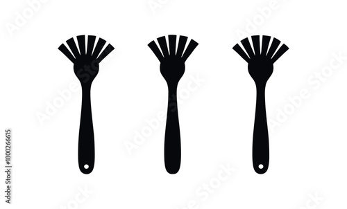 Flat vector illustration three dish brushes black and white solid black icon style fan bristles 3x1 grid equal spacing isolated on white