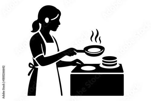 woman making pancakes on stove flat black solid vector illustration isolated on white background