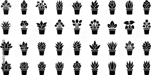 Collection of Black Silhouette Potted Houseplants and Succulents potted plant icon