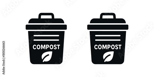 Flat vector illustration two compost bins black and white solid black icon style simple lids 2x1 grid equal spacing isolated on white