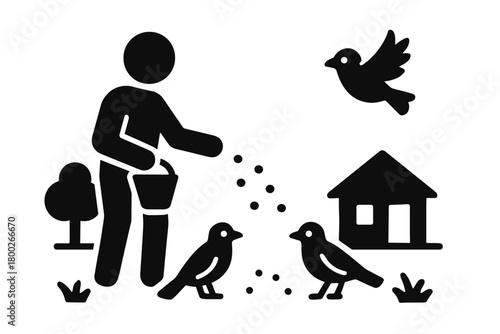 person feeding birds yard flat black solid vector illustration isolated on white background