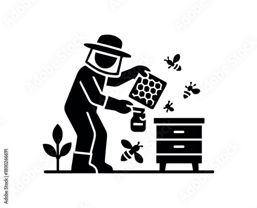 gardener harvesting honey gently flat black solid vector illustration isolated on white background