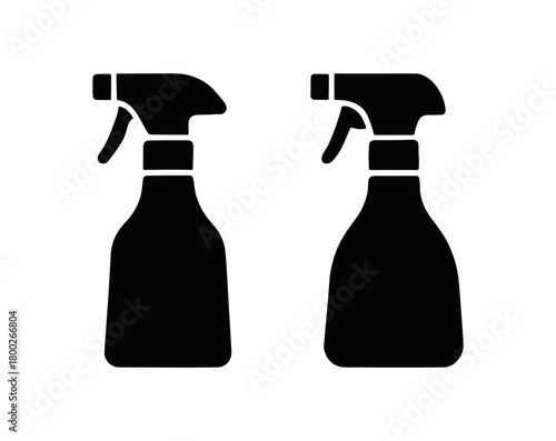 Flat vector illustration two glass spray bottles black and white solid black icon style triggers 2x1 grid equal spacing isolated on white