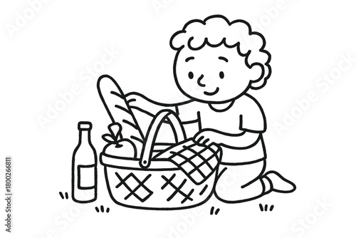 handdrawn cute doodle style person preparing picnic basket vector line illustration