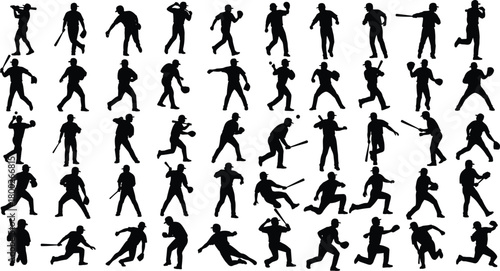 Collection of Black Silhouettes of Baseball Players in Various Poses sport action