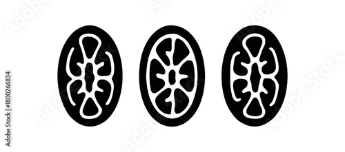 Flat vector illustration three loofah sponges black and white solid black icon style oval forms 3x1 grid equal spacing isolated on white