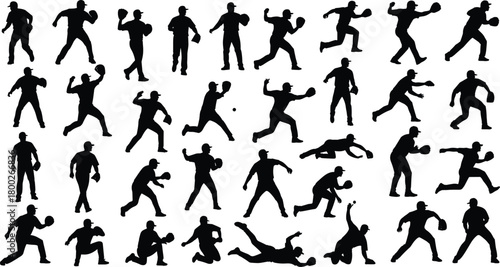 Collection of Black Silhouettes of Baseball Players in Various Poses white background