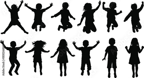 Collection of black silhouettes of children jumping and raising arms kids
