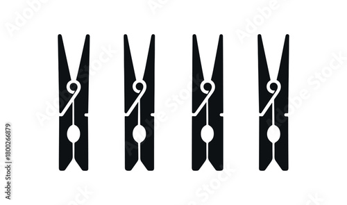 Flat vector illustration four wooden clothespins black and white solid black icon style clean silhouettes 4x1 grid equal spacing isolated on white