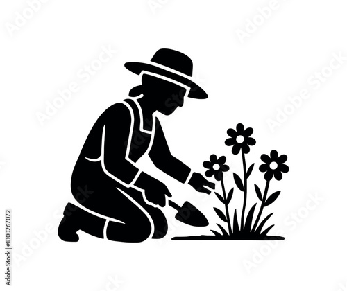 gardener kneeling by wildflowers flat black solid vector illustration isolated on white background