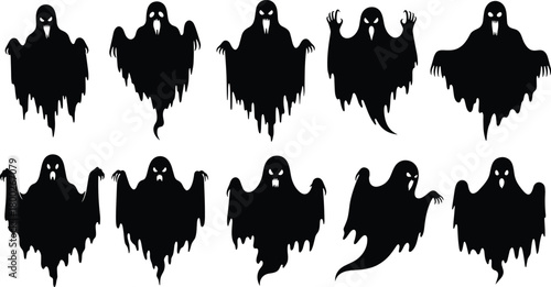Collection of ten black silhouette ghosts with white eyes and sharp teeth vector