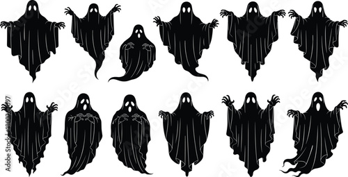 Collection of ten black silhouette ghosts with white outlines on a white background