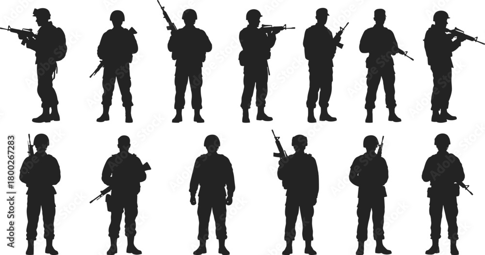Obraz premium Silhouette collection of soldiers holding rifles in various poses military
