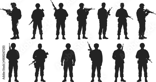 Silhouette collection of soldiers holding rifles in various poses military