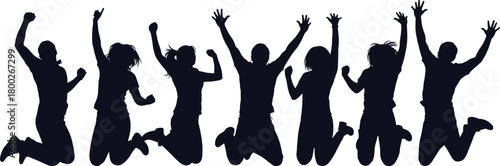 Group of diverse people silhouettes jumping with arms raised in celebration vector