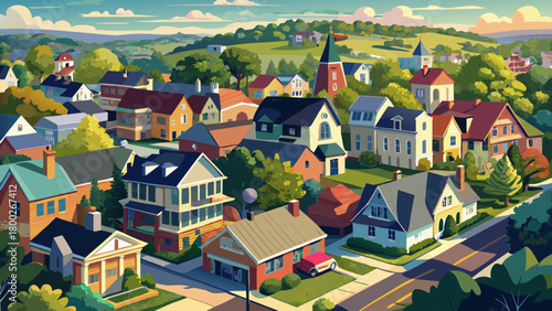 Very beautiful panoramic aerial scenery capturing the rooftops of a quiet residential neighborhood in Lambertville, New Jersey, showing neatly arranged homes, tree-lined streets, and a peaceful suburb