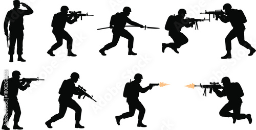 Silhouette soldiers in various combat poses with firearms and melee weapon military