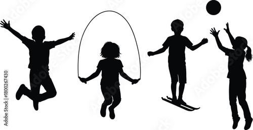 Silhouettes of children playing jumping rope skiing and catching a ball kids