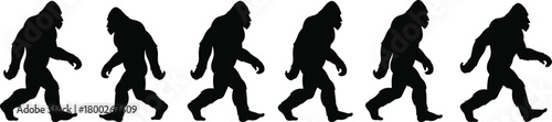 Six black silhouettes of Bigfoot walking in a row on a white background Sasquatch