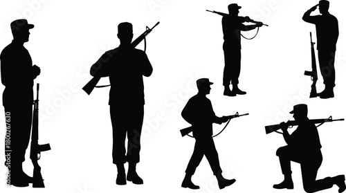 Six Black Silhouettes of Soldiers in Uniform with Rifles on White Background military