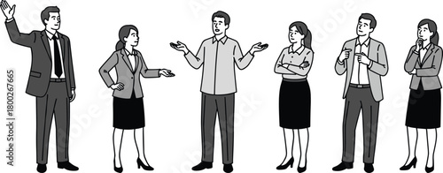Six business people in grayscale standing and gesturing in conversation group women