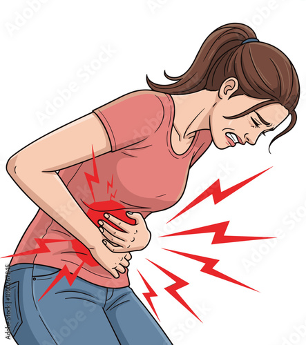 Woman clutching stomach in pain with red lightning bolt pain indicators stomach ache