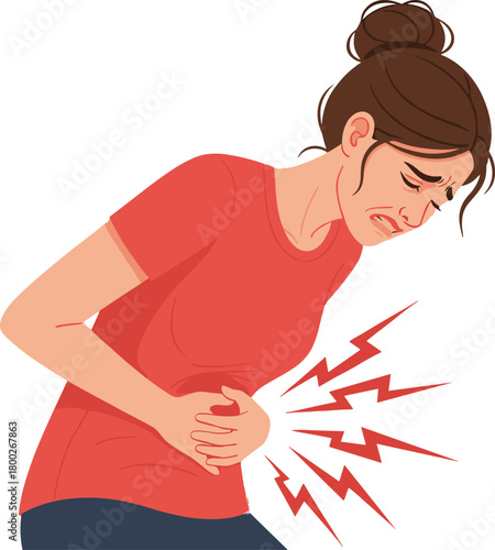 Woman clutching stomach in pain with red lightning bolt pain indicators abdominal pain