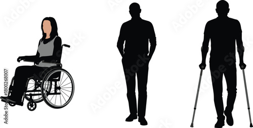 Woman in wheelchair and men on crutches and standing silhouettes vector